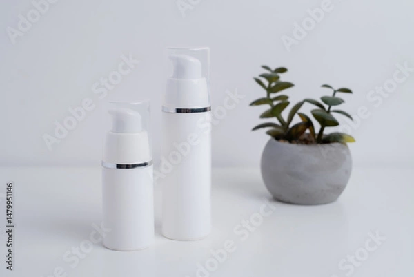 Fototapeta Container for cream, shampoo, toiletries, spa. Unbranded white plastic bottles. Bottle with a dispenser for cosmetic products. Skin care and beauty concept. Mockup style, copy space  

