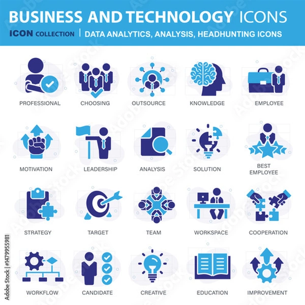 Fototapeta Headhunting icon set. Recruitment icon. Analytics icon set. Containing data analytics, graph visualization, dashboard metrics, report, financial, seo analytics, Job Interview, Career Path, Resume