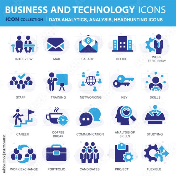 Fototapeta Headhunting icon set. Recruitment icon. Analytics icon set. Containing data analytics, graph visualization, dashboard metrics, report, financial, seo analytics, Job Interview, Career Path, Resume