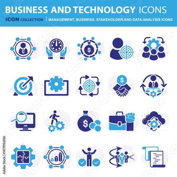 Fototapeta Business, data analysis, organization management and technology icon set. Teamwork, strategy, planning, marketing, cloud technology, data analysis, employee icon set. Icons vector collection