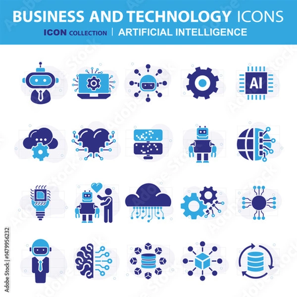 Fototapeta Artificial intelligence icon set web design. Pack pictograms with algorithm, data science, deep learning, brain, computer, vision, automation, other. Vector illustration