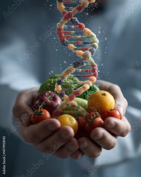 Fototapeta Close-up of hands holding fresh vegetables with floating DNA helix representing healthy eating and genetic benefits