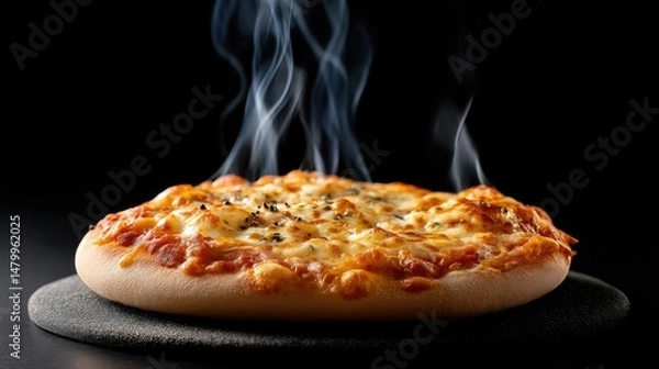 Obraz Steaming Pizza: A close-up, appetizing shot of a freshly baked pizza, complete with a golden crust, melted cheese, and a rich, savory tomato sauce, all presented against a dark background. 