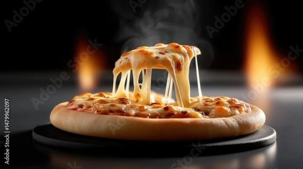 Obraz Hot Pizza Delight: A close-up shot showcases a delicious, freshly baked pizza with melted cheese stretching enticingly, with steam rising, a perfect culinary creation. 