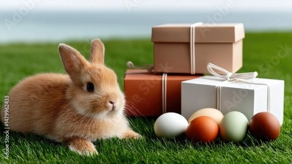 Obraz Easter Bunny Gifts on Green Field: A charming bunny sits beside beautifully wrapped gifts and colorful Easter eggs on lush green grass, with a soft focus background suggesting a bright, sunny day.