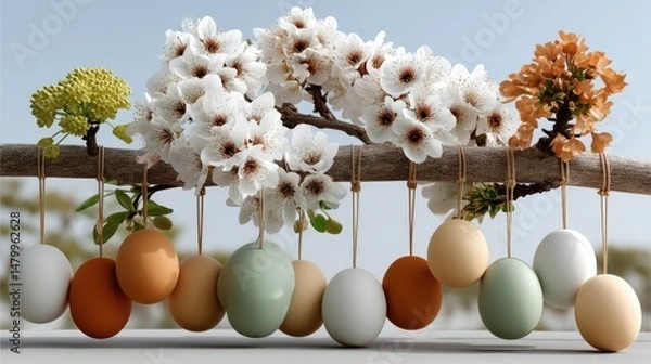 Obraz Easter Eggs Amidst Blossoms: A delightful springtime scene unfolds, with delicate blossoms and colorful easter eggs, symbolizing renewal, hope and the beauty of nature.