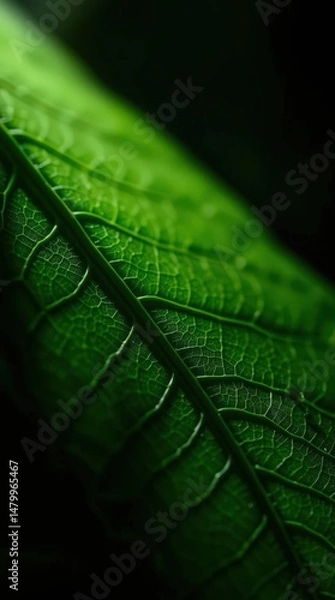Obraz Vibrant green leaf showcasing intricate textures illuminated by soft light in a serene natural setting