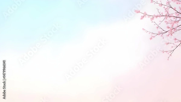 Obraz "A serene wallpaper with a gradient pastel sky background (light blue to pink), featuring thin black branches with tiny pink flowers in the top right corner. The center is left blank in a soft white 