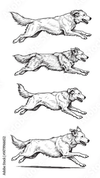 Fototapeta Energetic dog in motion engraved in vintage woodcut style showing power speed and playful movement