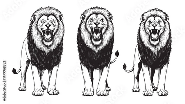 Fototapeta Vintage engraving lion roaring with open mouth powerful stance sharp teeth and dramatic wild energy display