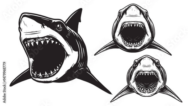Fototapeta Vintage engraving shark head close-up with open mouth visible teeth and fierce marine predator expression