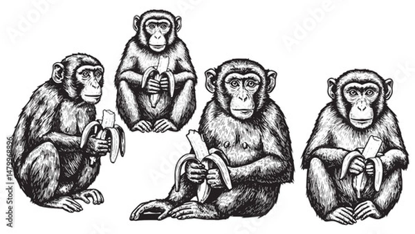 Fototapeta Vintage engraving of monkey eating banana sitting calmly with relaxed posture and expressive face in jungle