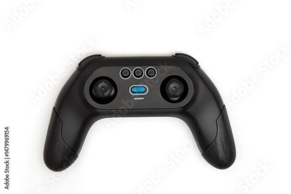 Obraz Modern black game controller with joysticks and buttons on white background, top view of a sleek wireless gaming accessory.