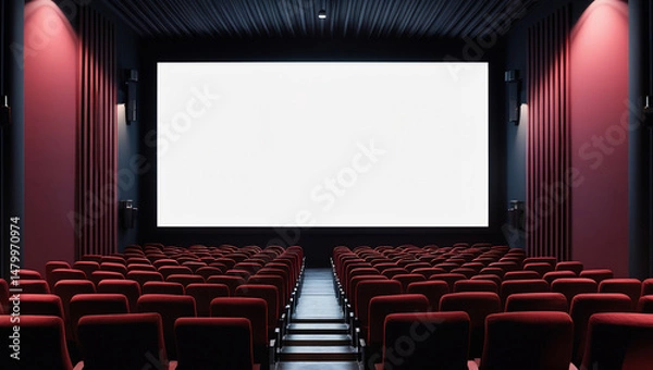 Fototapeta Blank white movie screen in dimly lit cinema with plush rows of seats. Perfect for film advertising, theater branding, or cinematic UI mockups.