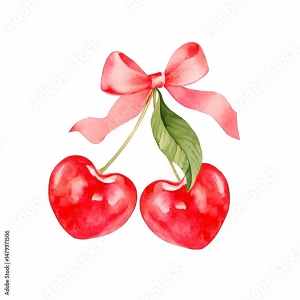 Fototapeta Watercolor cherry in the shape of a heart with a bow on a white background.