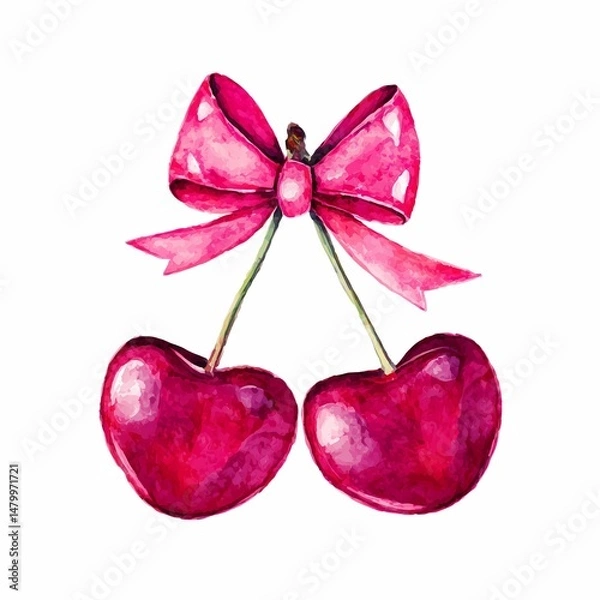 Fototapeta Watercolor cherry in the shape of a heart with a bow on a white background.