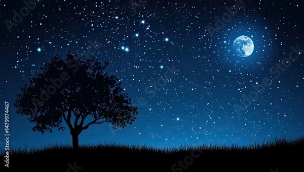 Fototapeta Silhouetted tree at night, starry sky with a large moon