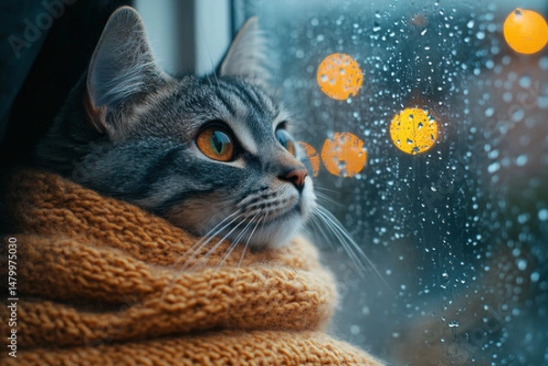 Fototapeta Cat staring at rain through window.