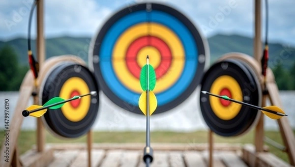 Fototapeta Three arrows striking perfect center in archery