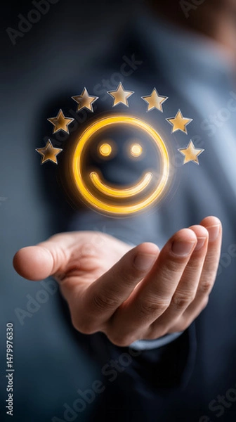 Fototapeta Golden emoticon with five stars floating above businessman's palm, symbolizing outstanding customer service and top tier product satisfaction