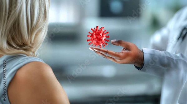 Fototapeta Medical professional demonstrating viral 3d model using augmented reality, explaining infection mechanism during patient consultation