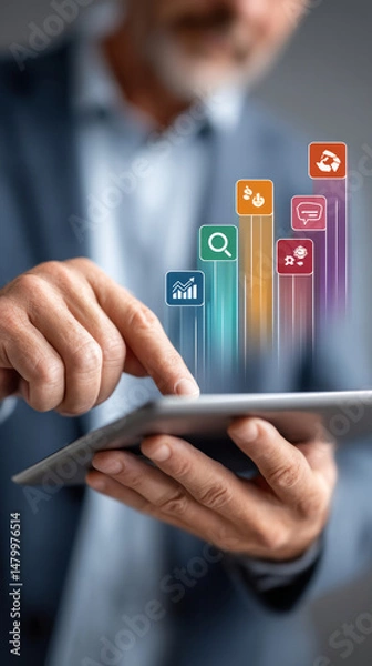 Fototapeta Professional businessman touching digital tablet screen, colorful business icons emerging, illustrating dynamic workplace technology and interconnected corporate workflow