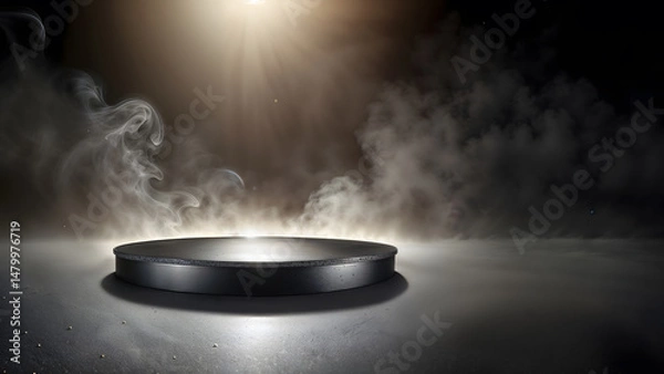 Fototapeta Elevated Presentation, A Product Stand Amidst Dramatic Fog and Smoke,Black background.