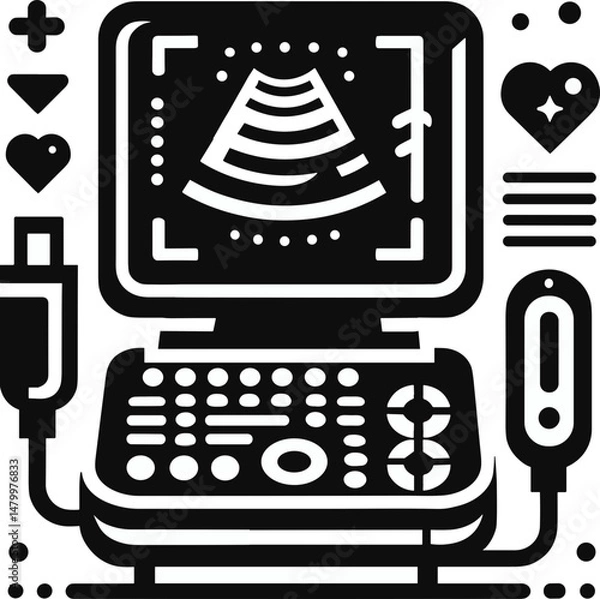 Fototapeta Medical ultrasound machine illustration with controls and graphics  