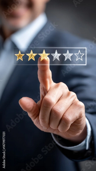 Fototapeta Business professional tapping three star rating on digital survey interface, evaluating service quality with contemplative gesture and technological interaction