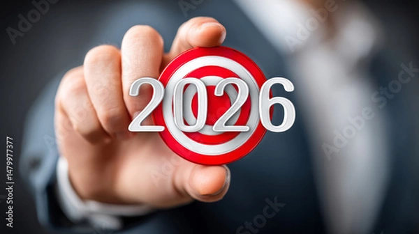 Fototapeta Professional businessman gripping bullseye target displaying 2026, symbolizing strategic planning and precise goal targeting for upcoming business year