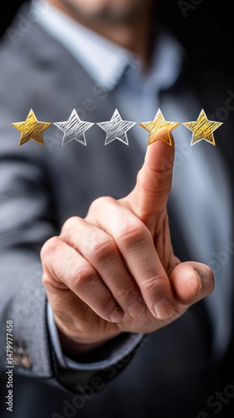 Fototapeta Professional touching golden star, representing top tier customer service and highest satisfaction rating