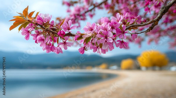 Fototapeta Pink cherry blossoms blooming on branch, framing soft focus landscape with serene lake, sandy shoreline, distant mountain silhouettes highlighting seasonal delicacy