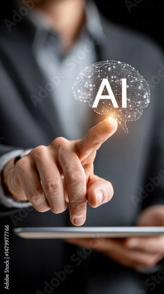 Fototapeta Businessman touching virtual brain interface, showcasing artificial intelligence integration with digital technology and innovative business solutions