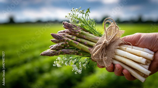Fototapeta Farmer holding freshly harvested green and white asparagus bundled with twine, standing in lush asparagus field with wildflowers nearby