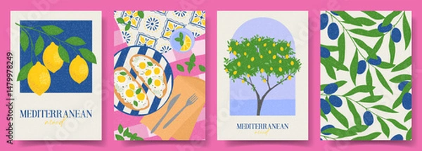 Obraz Set of trendy summer cards. Vector illustration with bright posters with olive branches, lemons, Mediterranean breakfast. Concept flyers for party, holiday, event, card, invitation, banner.