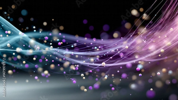 Fototapeta Colorful spheres interconnecting through fluid wave patterns, representing digital network dynamics within dark technological space, illustrating complex data communication pathways