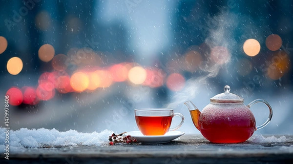 Fototapeta Glass teapot steaming beside teacup on snow dusted surface, blurred urban lights softening wintry background, evoking serene, warming moment