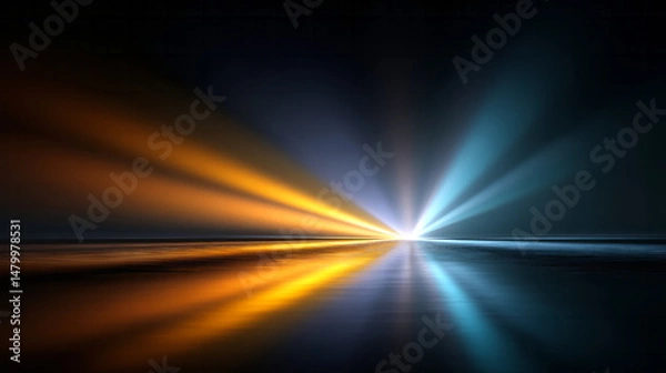 Fototapeta Vibrant orange and blue light beams cutting across dark reflective surface, generating dramatic visual contrast with intense energy and dynamic illumination