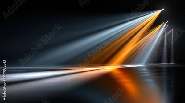 Fototapeta Dramatic stage lighting casting intense beams across dark background, powerful rays reflecting dynamically on floor, generating dramatic performance atmosphere