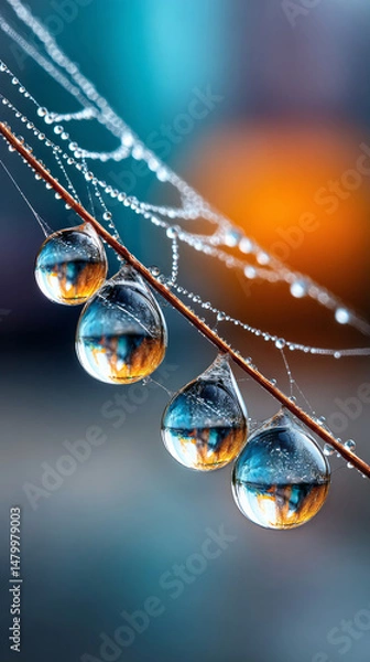 Fototapeta Dewdrops glistening on intricate spiderweb, capturing sunset's rich colors in delicate, luminous landscape reflection