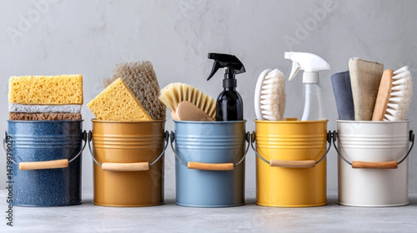 Fototapeta Colorful metal buckets storing assorted cleaning suppliessponges, brushes, cloths, spray bottlesneatly arranged for efficient home maintenance