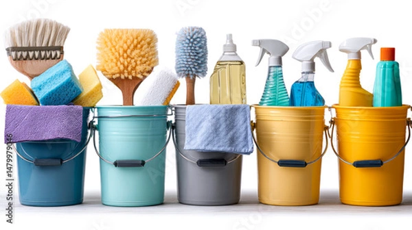 Fototapeta Colorful buckets displaying assorted cleaning supplies, brushes, sponges, and detergents, neatly organized against pristine white backdrop