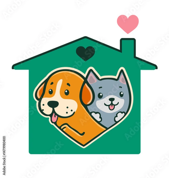 Fototapeta Cartoon logo blue cat and an orange dog inside a dog house shape, simple, friendly expressions, both sticking out their tongues, vector logo