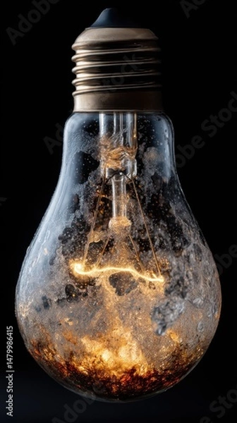 Fototapeta Illuminated light bulb with water droplets and condensation on glass surface against black background macro shot