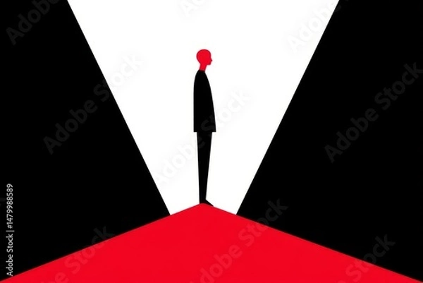 Fototapeta A black and red abstract icon of a cliff edge with a falling figure and broken ground
