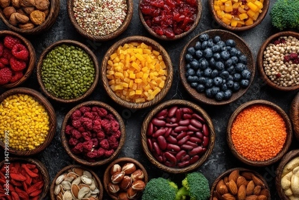 Fototapeta Overhead Studio Shot of Assorted Healthy Foods in Wooden Bowls on Dark Background; Nuts, Berries, Legumes, Seeds, Dried Fruit, Broccoli