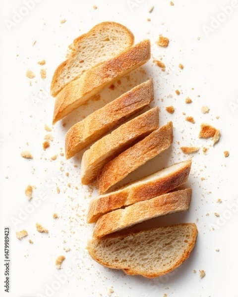 Fototapeta Sliced baguette bread on white background, overhead shot, food photography, simple presentation, studio shot, minimal style