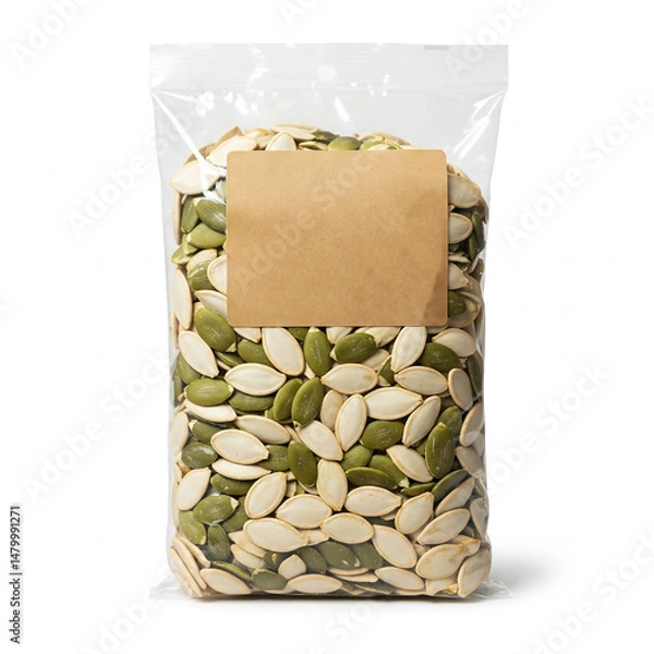 Obraz Packaged pumpkin seeds ready for sale in a clear plastic bag at a local market