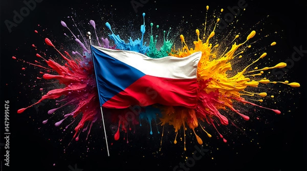 Obraz Colorful explosion of paint surrounding the Czech Republic flag, symbolizing national pride and creativity