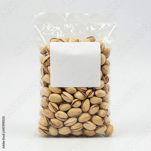 Fototapeta Packaging of roasted pistachios in a transparent bag with a blank label for customization during snack packing